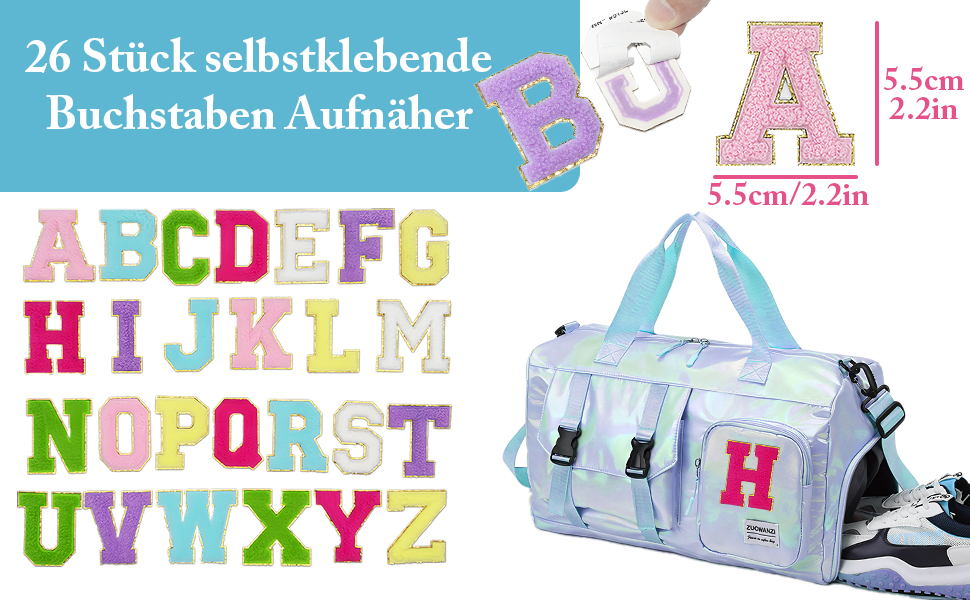 Спортивна сумка для фітнесу та подорожей для жінок і чоловіків з відділенням для взуття та вологих речей, універсальна сумка для залу та плавання + набір наклейок-літер Chenille (26 шт, сині)