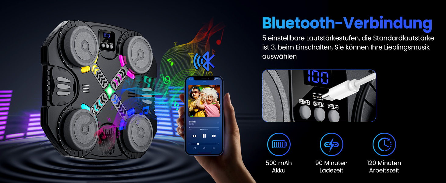 Дитяча боксерська машина з підсвіткою та музикою, Bluetooth, 5 швидкостей, 2 режими тренування, LED, чорна
