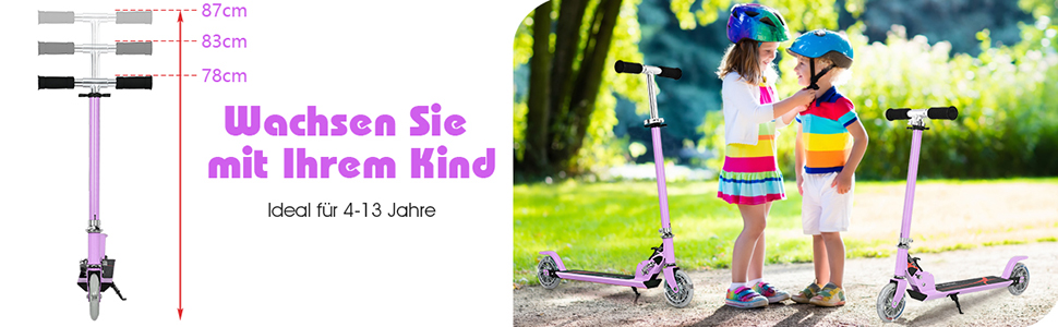 Дитячий ролер COSTWAY з LED-колесами, регульована висота, для дітей від 4 років, до 70 кг, ролер-каталка для хлопчиків та дівчаток (фіолетовий)