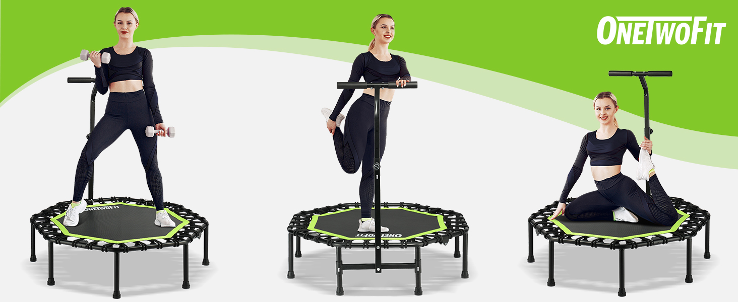 Трамплін ONETWOFIT складний для дорослих, 107 см, міні-фітнес, з регульованими ручками та пружинами, тихий, для дому (зелений)