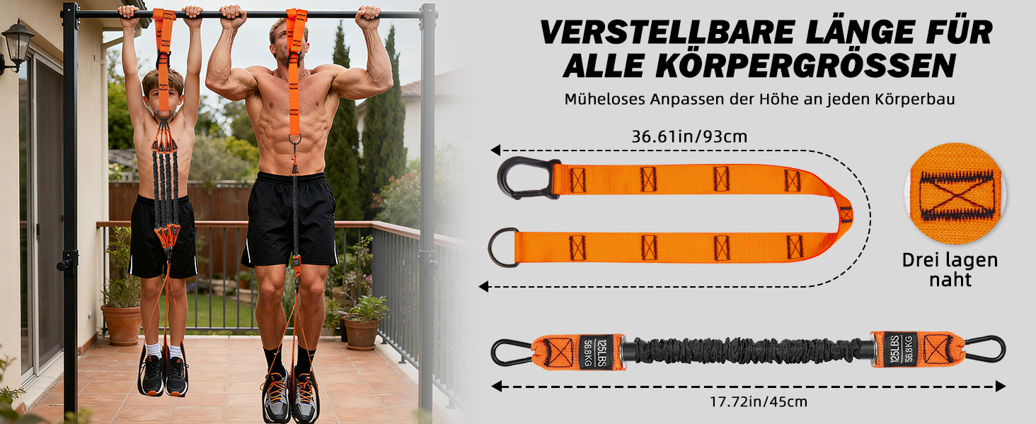 Смуги опору для підтягувань Klimmzughilfe, 50-350lbs, регульований опір та висота, з підставкою для ніг, помаранчеві