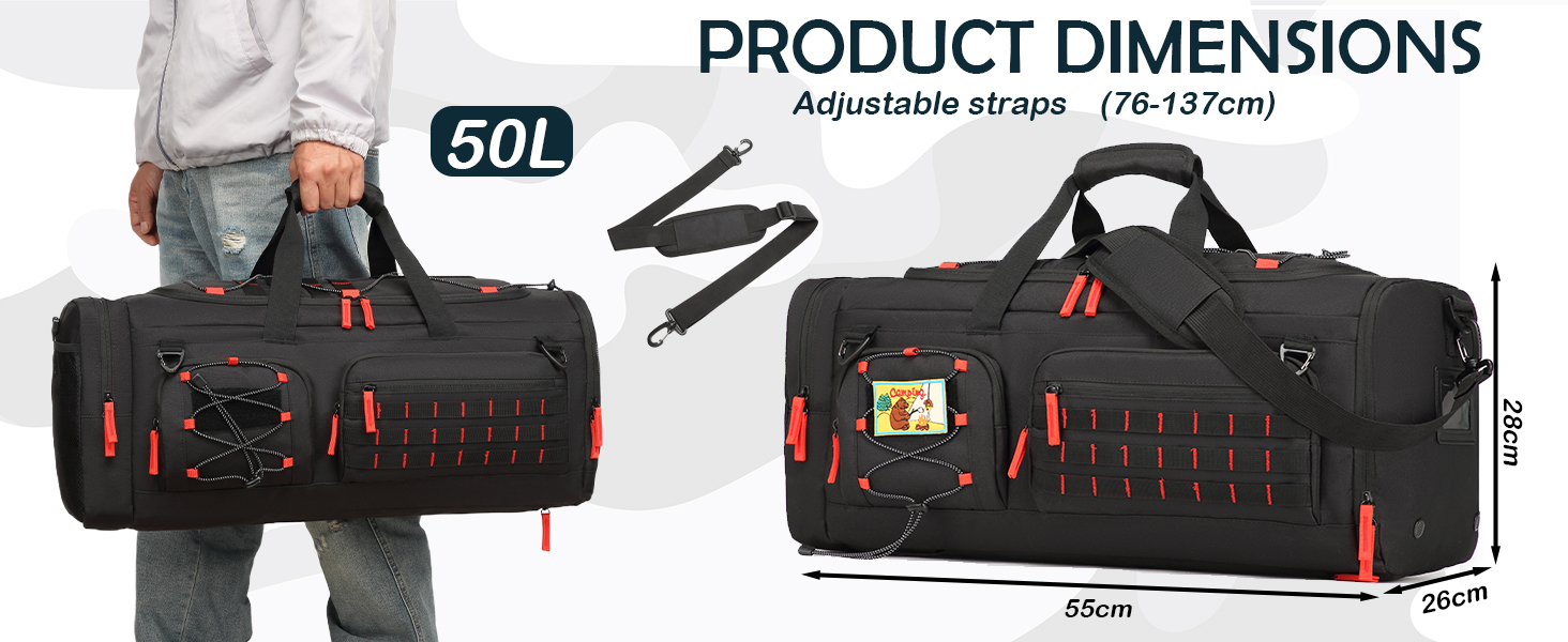 Спортивна сумка 50L для чоловіків 3-в-1 з відділенням для мокрого одягу та взуття, рюкзак, дорожня сумка, валіза ручної поклажі, для тренувань, залу, плавання, подорожей (чорний)
