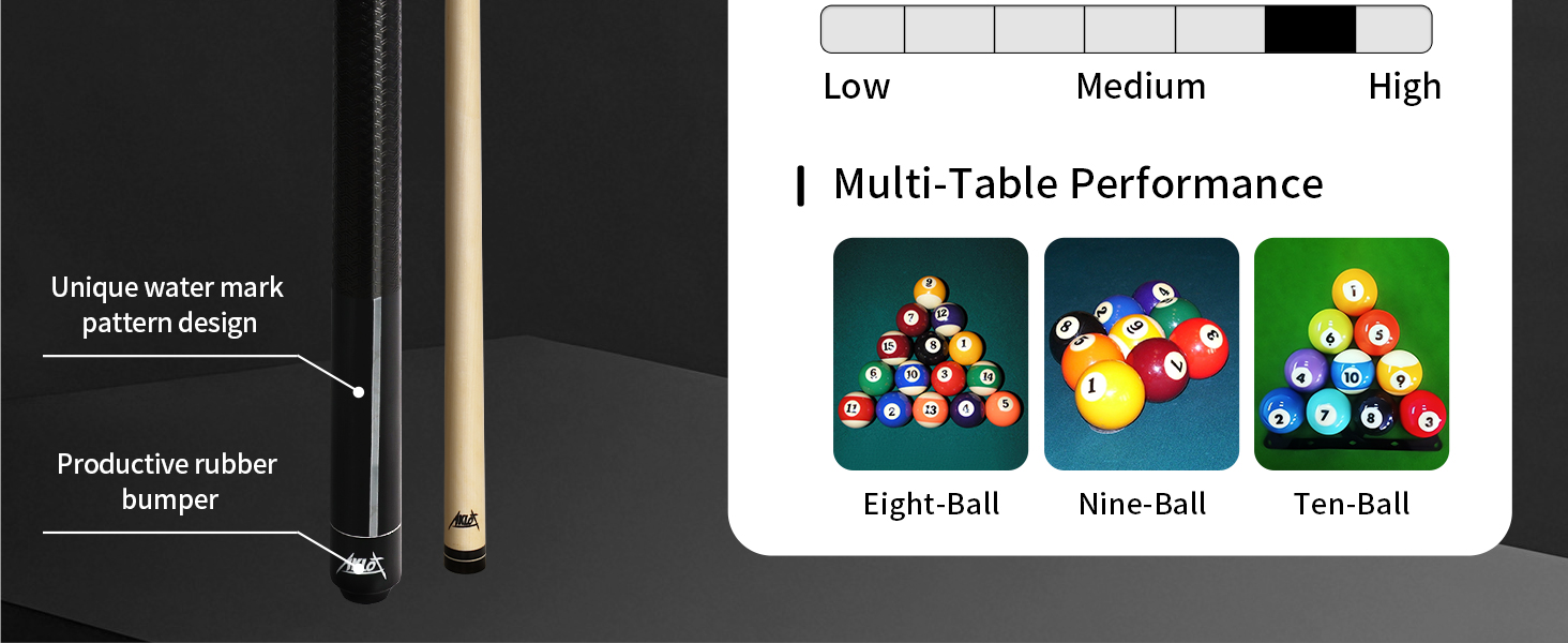 AKLOT Більярдний кий 58' - канадський клен, 13 мм шкіряна вершина, 3D ручка, преміум якість, для професійних гравців, чорний (540г)