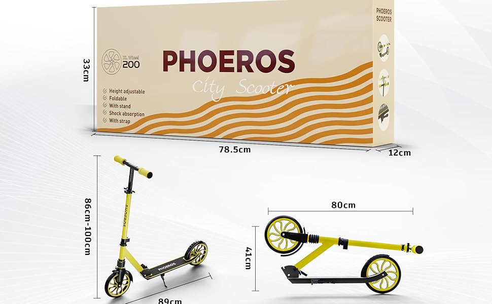 Дитячий трюковий самокат PHOEROS для дітей та дорослих, 6-12 років, складний, з амортизацією, жовтий