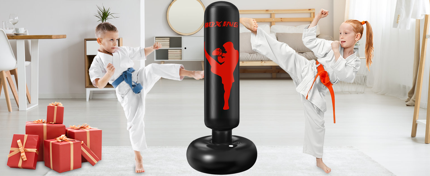 Боксерський мішок дитячий Ninonly 160 см з рукавичками та насосом - стійкий боксерський мішок для дому, вулиці, спортзалу для хлопчиків та дівчаток (чорний)
