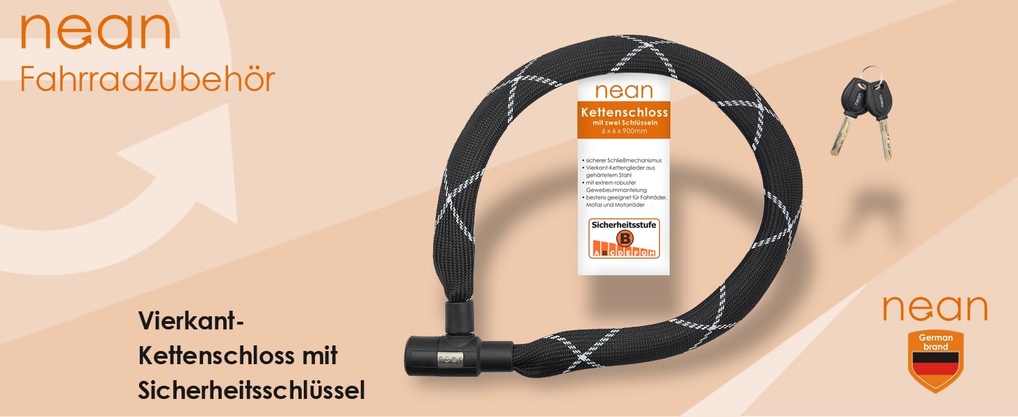 Надійне велозамкне Nean Kettenschloss: 900 мм, сталевий ланцюг, 2 ключі, чорний