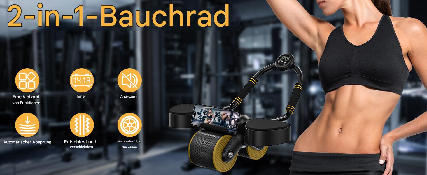 Ролик для пресу з пружиною та таймером – автоматичний ролик для пресу з підставкою для ліктів та подвійними колесами – для тренування пресу та планки – фітнес-обладнання для дому (до 150 кг)