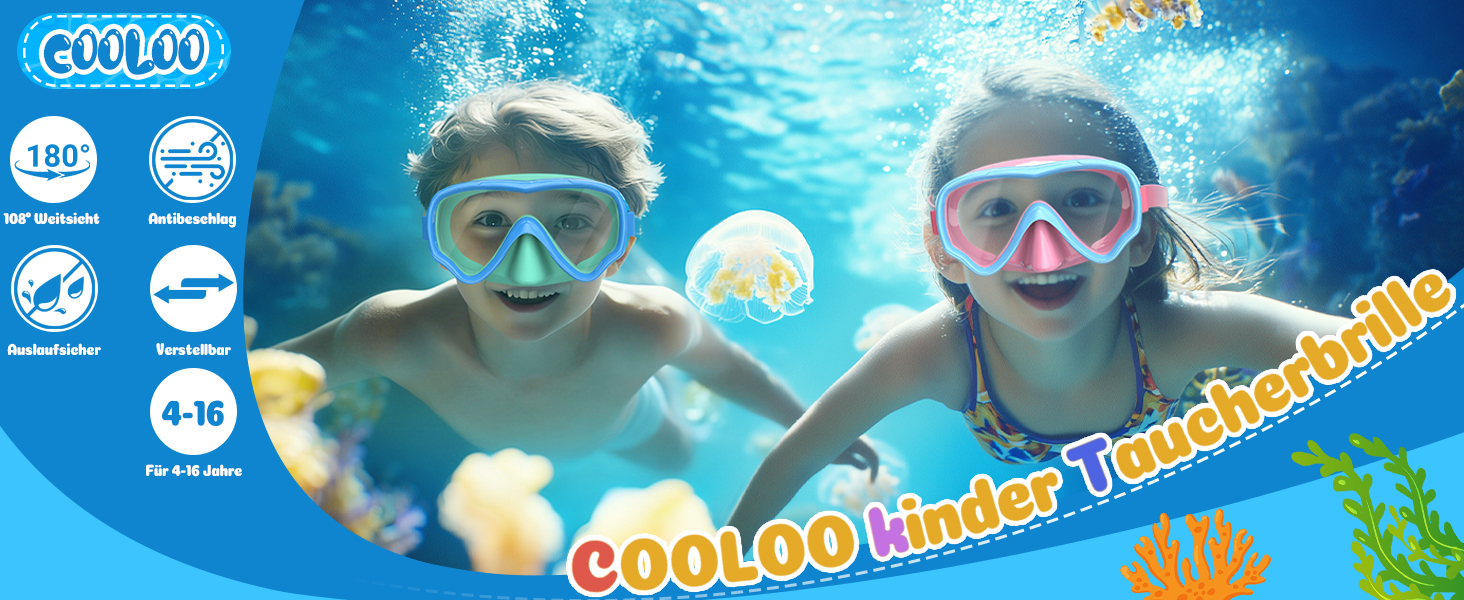 Маска для плавання COOLOO для дітей 4-16 років, панорамна HD, антифог, антипротікання, зелено-чорна з дзеркальними лінзами