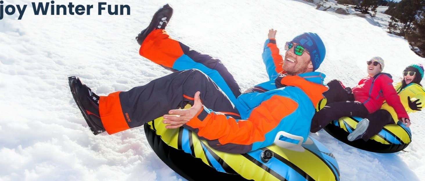 Надувний сніговий тюб з буксирувальною лінією, 47-49-68 дюймів. Міцний корпус, зносостійкий та морозостійкий матеріал. Зимовий спорт для дітей та дорослих. Подвійне сидіння 68 дюймів