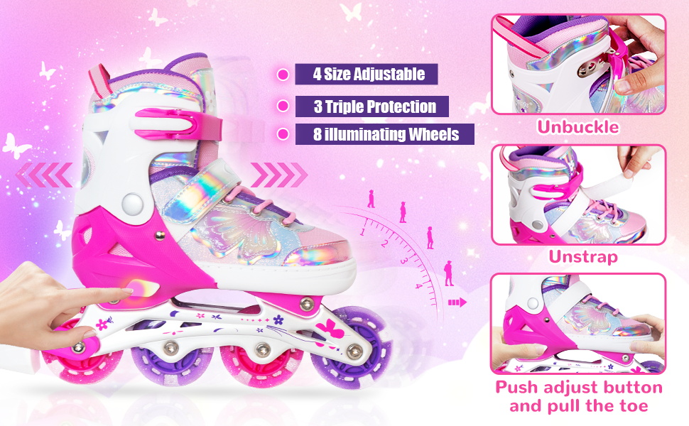 Дитячі ролики Nattork для дівчаток, регульовані, розмір 27-31 EU, рожеві, з бабочками