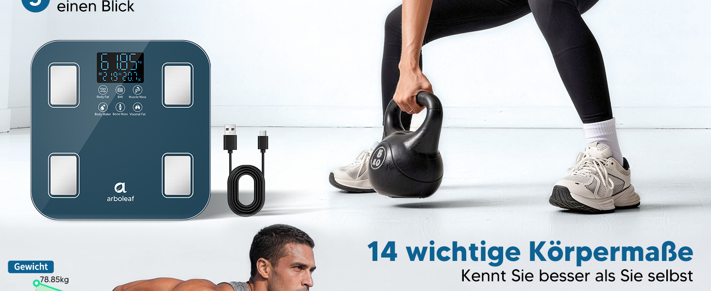 Ваги для тіла Arboleaf з USB зарядкою: аналіз жиру, м'язів, BMI та 14 показників. Цифрові ваги до 180 кг з LED-дисплеєм