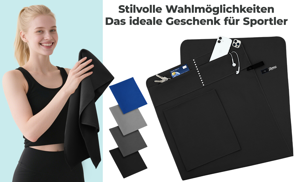 Рушник для фітнесу Zepphi: великий (120x50 см) + маленький (80x30 см) | Мікрофібра, кишеня на блискавці | Швидковисихаючий, для спортзалу та тренувань (Чорний)