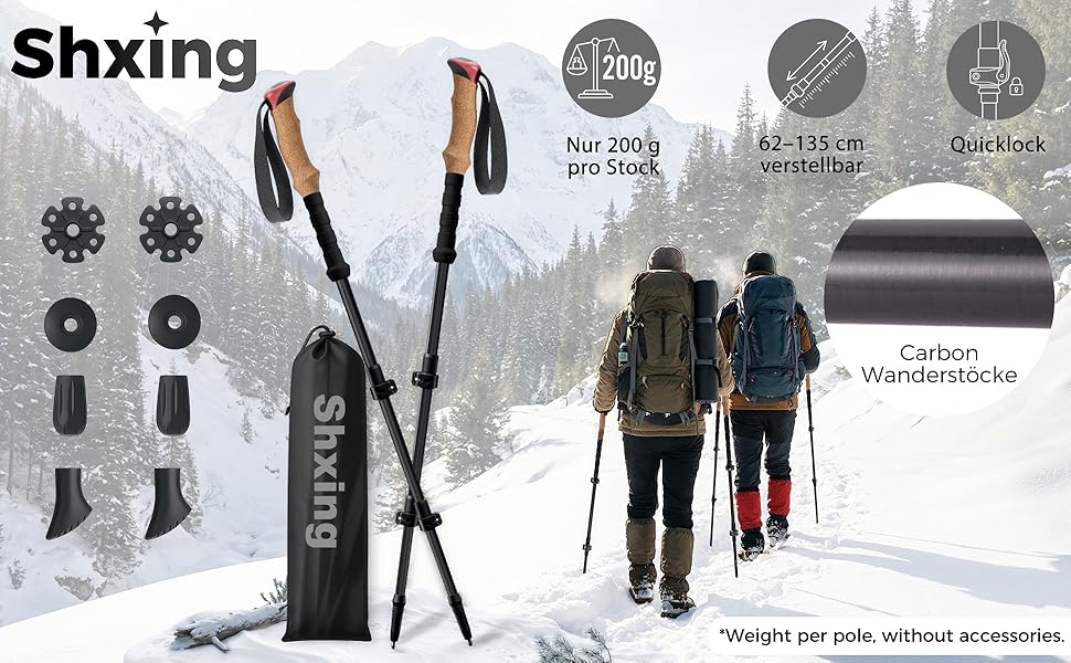 Комплект карбонових палиць для скандинавської ходьби та трекінгу (2 шт), ультралегкі, регульовані 62–135 см, з корковими ручками, для чоловіків та жінок