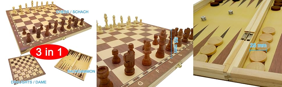 Шахове, шашки та бейсбольне поле 3 в 1 C&T у дерев'яній складаній коробці (33,8 см)