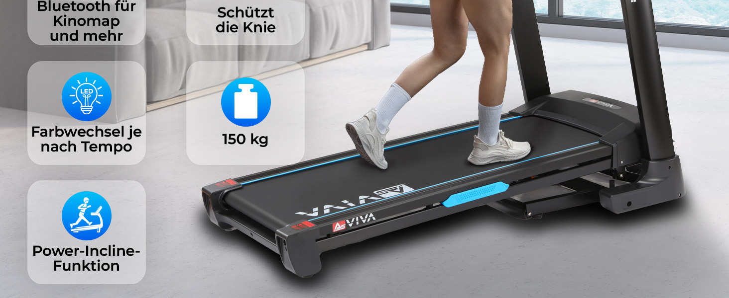 Біговий тренажер AsVIVA T16 Profi: 18 км/год, 4 PS, 18% нахил, складний, Bluetooth, до 150 кг, для кардіотренувань вдома