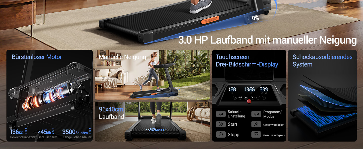 Біговий доріжки CURSOR для дому з нахилом 15%, швидкість до 12 км/год, максимальне навантаження 136 кг, рукоятки, тренажер для кардіо