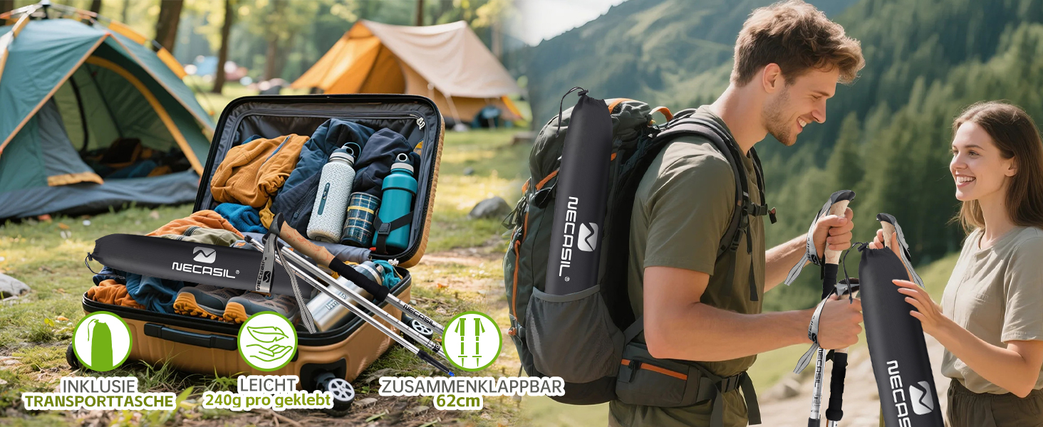 Телескопічні палиці для скандинавської ходьби Nordic Walking з корковими ручками, алюмінієві регульовані палиці для хайкінгу та прогулянок, 62–135 см, чорні (Upgrade 2025)