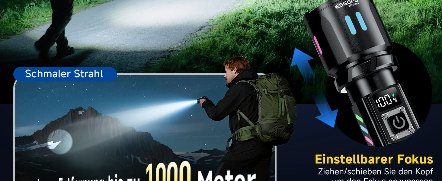 LED ліхтар Esgofo перезарядна, 1000000 люменів, дальність 1000 м, регульований фокус, 15 годин роботи, USB-C, для кемпінгу та безпеки
