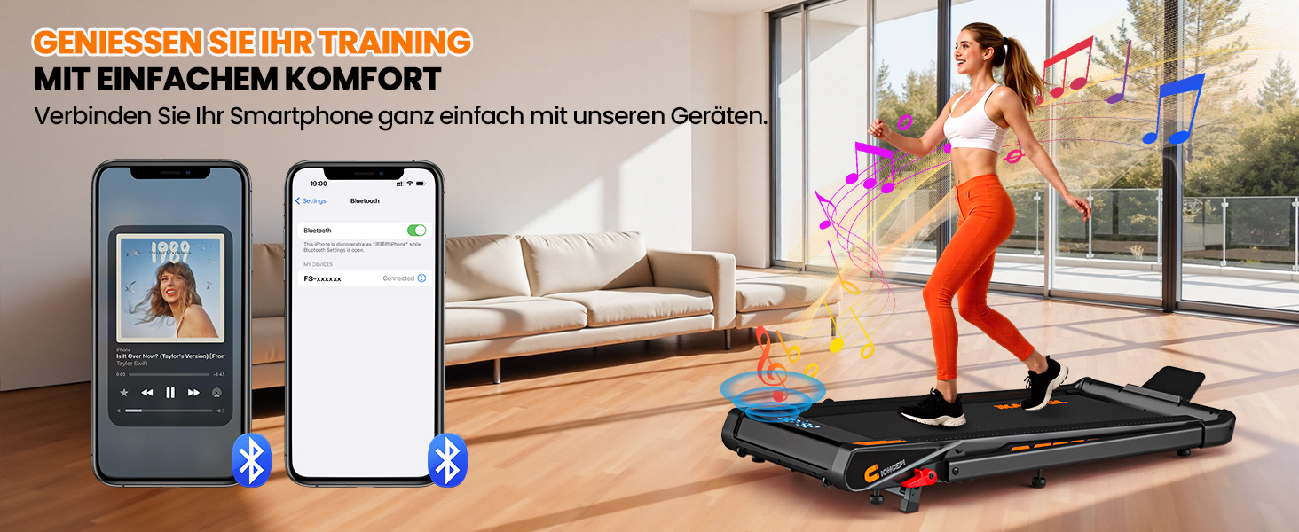 Бігова доріжка для дому з Bluetooth, 6 в 1, 12 км/год, з нахилом 10%, 3.0 к.с., LED-дисплей, 160 кг, чорно-помаранчева