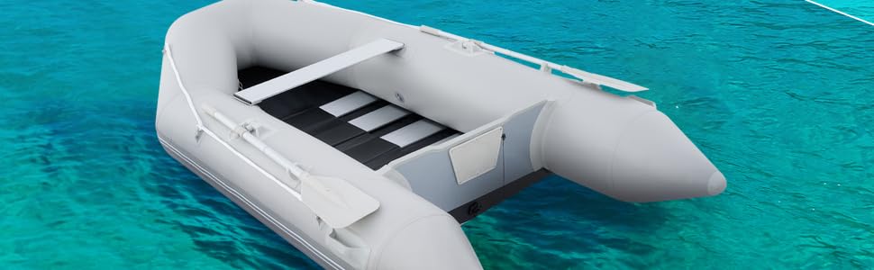 Надувне човен CO-Z для 2-4 осіб, сірий: 230x130x33см / 300x150x42см з веслами та насосом. Рибальський човен з алюмінієвим дном та сидінням.