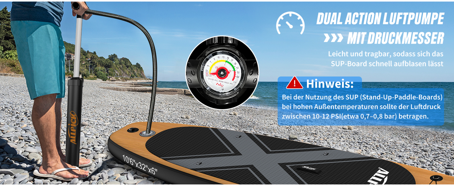 Надувний SUP Борд ALLPICK Premium з аксесуарами, тримачем для камери, регульованим веслом, для початківців та досвідчених, 200 кг, вінтажний дизайн з імітацією текстури дерева