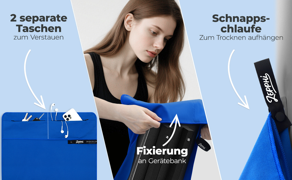 Рушник для фітнесу Zepphi: великий (120x50 см) + маленький (80x30 см) | Мікрофібра, кишеня на блискавці | Швидковисихаючий, для спортзалу та тренувань, блакитний