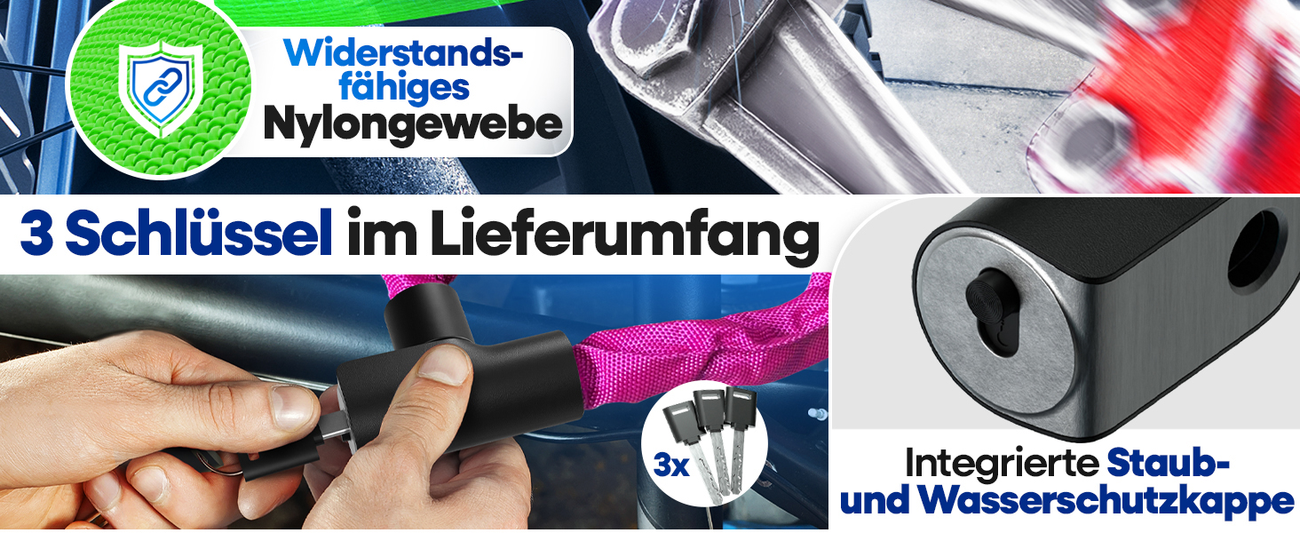 NEXTCOVER® LockOne Замок для велосипеда з ключем I Надійний та міцний ланцюговий замок I Захист від крадіжки, 3 ключі, чорний колір