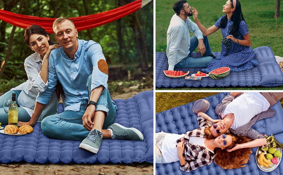 Надувний килимок для кемпінгу Isomatte, 10 см, двоспальний, з насосом, для туризму та відпочинку на природі (Marine Blau)