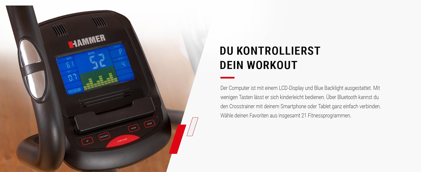 Еліптичний тренажер HAMMER Crosstech XTR BT з Glute Shaper та світлоіндикатором навантаження, 21 програма
