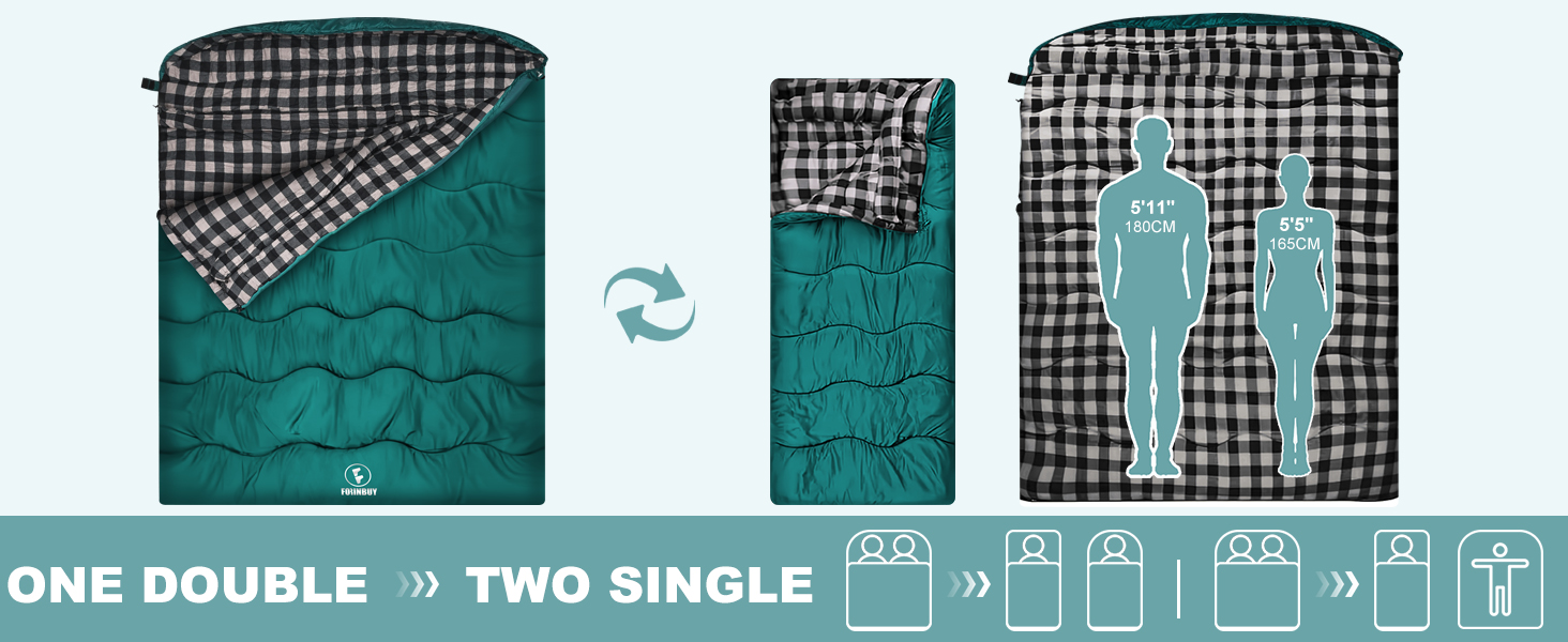 Спальний мішок Baumwolle для 2 осіб, зимовий, водовідштовхувальний, великий (Queen Size), для кемпінгу та подорожей на автодомі (темно-зелений-сірий)