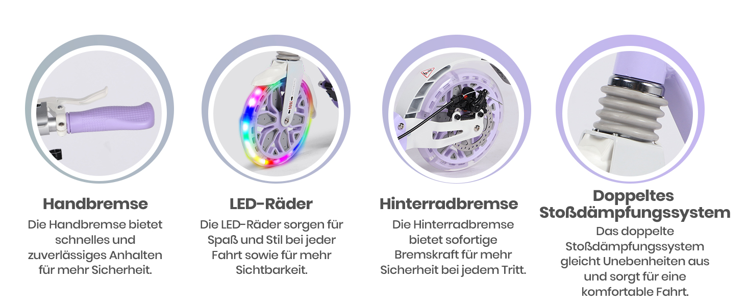 Самокат трюковий Kickscooter LED-ліловий, колеса 200мм, для дітей 8-12 років та дорослих, з дисковими гальмами та подвійною амортизацією, складаний, з ременем для перенесення