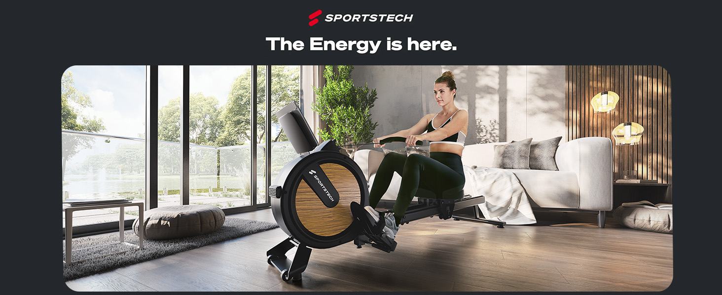 Гребний тренажер Sportstech PROwer для дому, 32 рівні магнітного опору, LED-дисплей, подвійна напрямна, Bluetooth, безшумний, для всього тіла, з тримачем для планшета, вертикальне зберігання