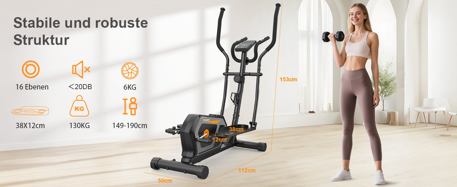 Еліптичний тренажер Neezee з Bluetooth, 16 рівнів опору, 6 кг маховиком, LCD-монітором та датчиком пульсу (Оранжевий + Чорний)