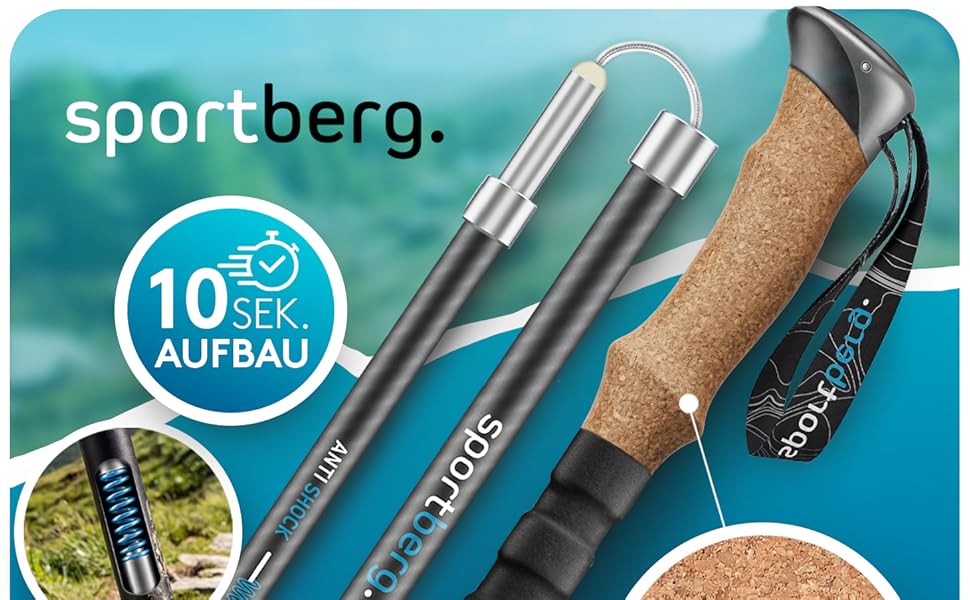 Телескопічні палиці для скандинавської ходьби та хайкінгу з карбону та алюмінію, з корковими ручками, регульовані за висотою, унісекс