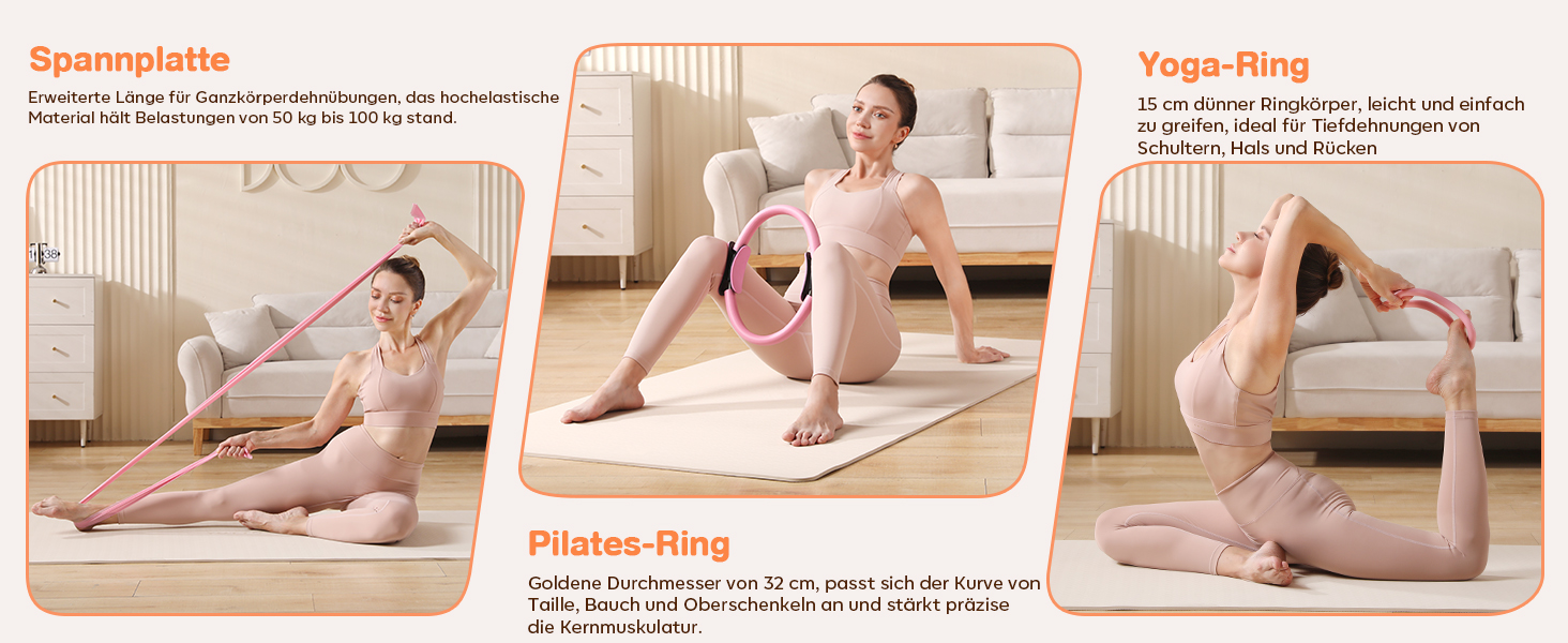 Набір для пілатесу 13 шт. для дому: кільце 13', м'яч 10' та еластичні стрічки. Комплект обладнання для пілатесу для жінок, початківців. Пілатес-стрічки та аксесуари (рожевий)