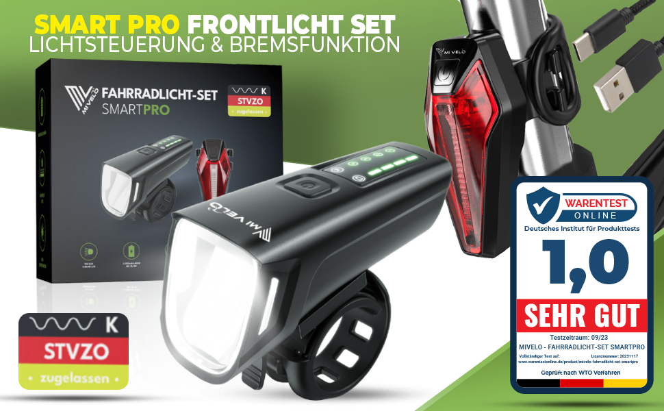 Комплект велосипедного освітлення MIVELO SMART 100 люкс, 2000 мА·год, авто-сенсор, StVZO, USB зарядка, водонепроникний, передня та задня LED фара, енергоефективність A+++
