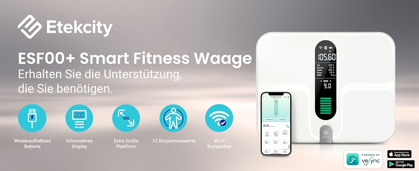 Розумна вага Etekcity з Wi-Fi, для аналізу складу тіла: вимірювання жиру, м'язової маси, 13 показників, USB-зарядка, до 180 кг, велика поверхня, біла