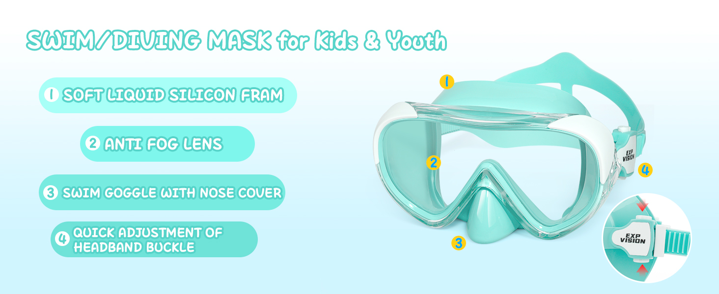 Дитячі окуляри для плавання Kinder Taucherbrille 180° Антифог, маска для снорклінгу, зелений м'ятний колір (4-15 років)