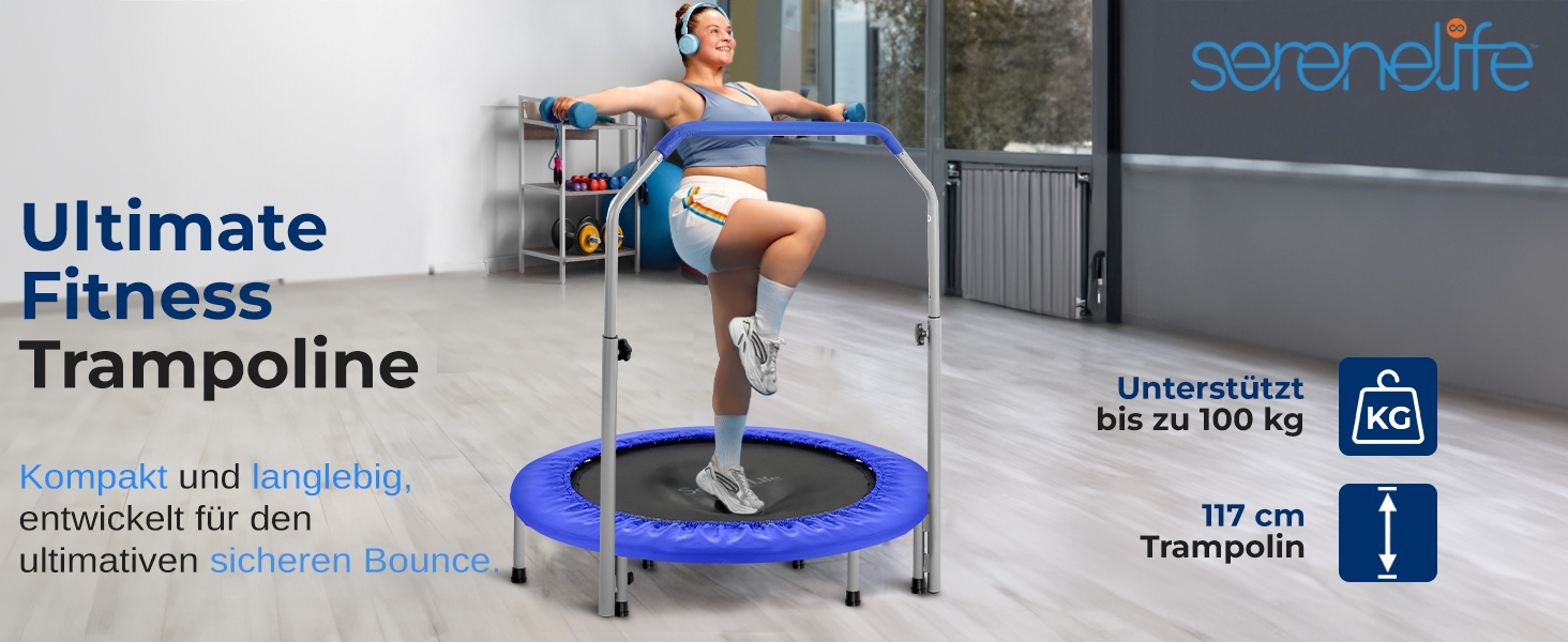 Трамплін SereneLife для дому, діаметр 102 см – складний ребаундер з регульованою висотою та пружинним ефектом, до 150 кг, для кардіотренувань та спорту, небесно-блакитний