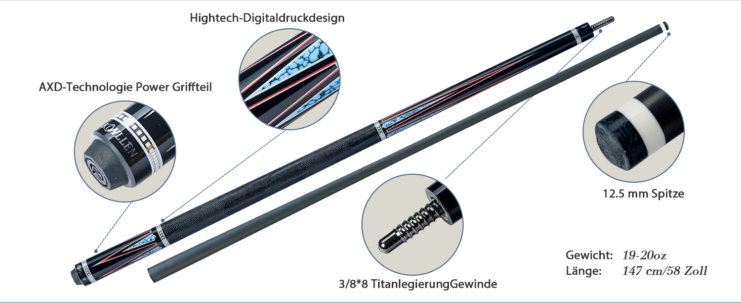 KONLLEN Billardqueue з карбону, 58 дюймів, професійний більярдний кий для дорослих, технологія Vollcarbon, низький рівень відхилення, наконечник 12.5 мм (Pro Taper, ультрагладкий) (KL-08)