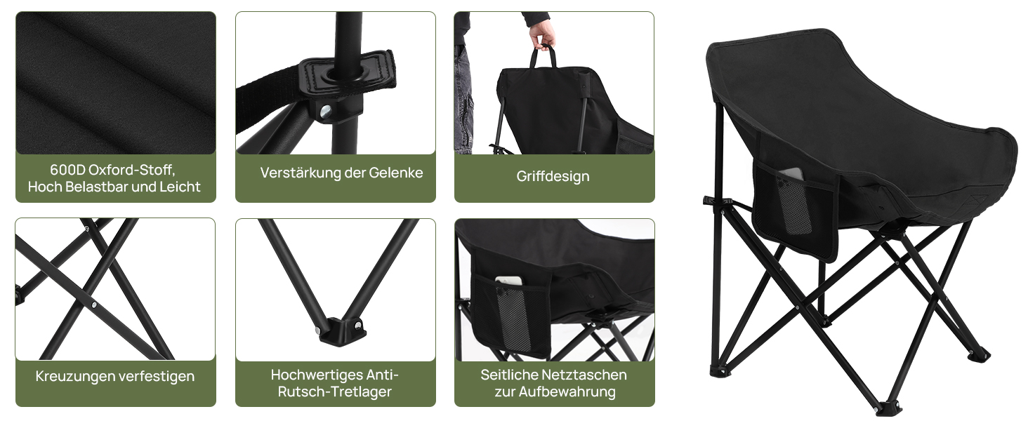 Крісло для кемпінгу Hausprofi складне, чорне, з тримачем для напоїв та сумкою, вантажопідйомність 150 кг