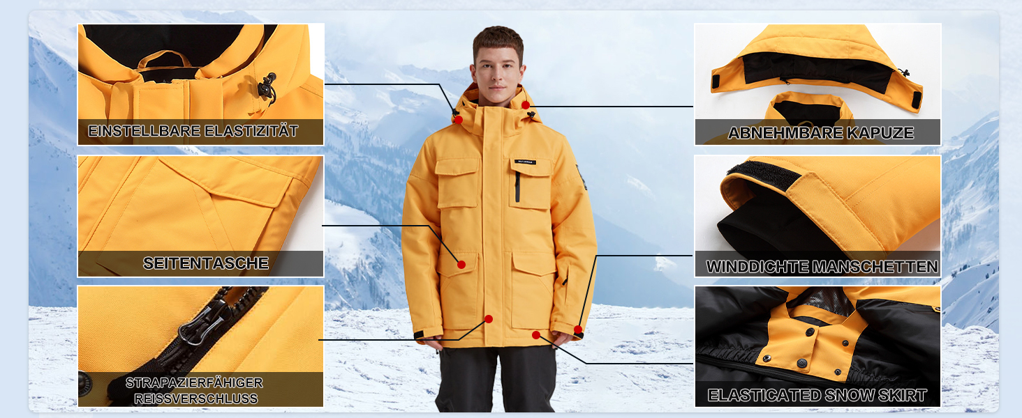 Сніговий костюм HOUZONIY для чоловіків, жовто-чорний, дихаючий, вітронепроникний, з капюшоном, для катання на лижах та сноуборді
