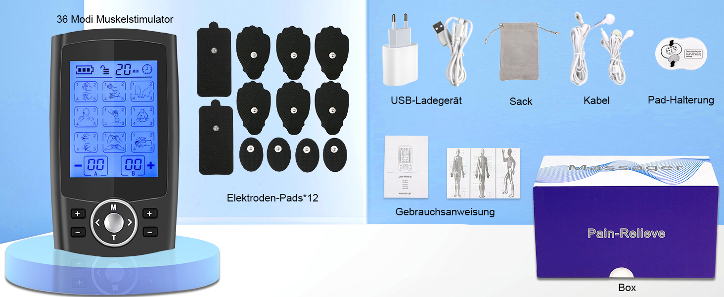 Апарат для терапії болю TENS EMS, електроспур з 36 програм, 12 електродів, для зняття болю