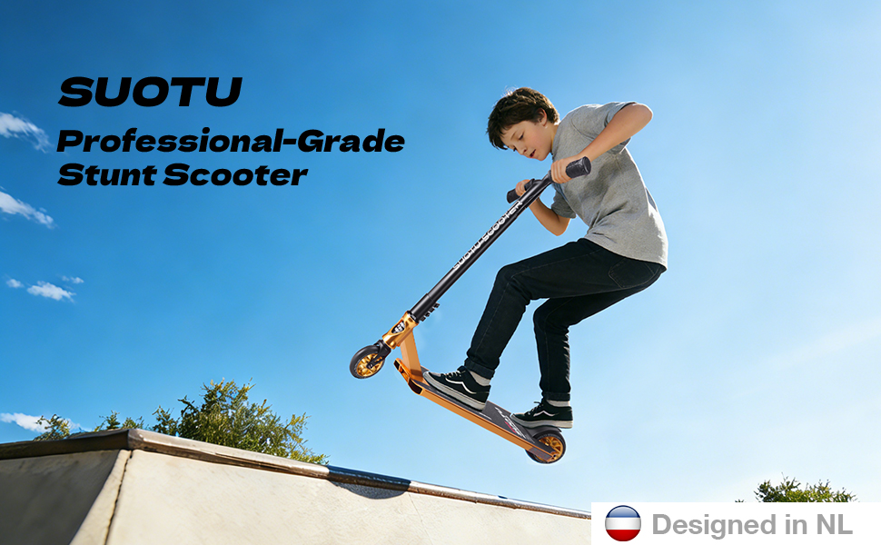 SUOTU Професійний стент-скутер, 360° кермування, роликовий скейт з колесами 110 мм 85A PU, для дітей, підлітків та дорослих, вантажопідйомність 100 кг, алюміній, чорний – золотий