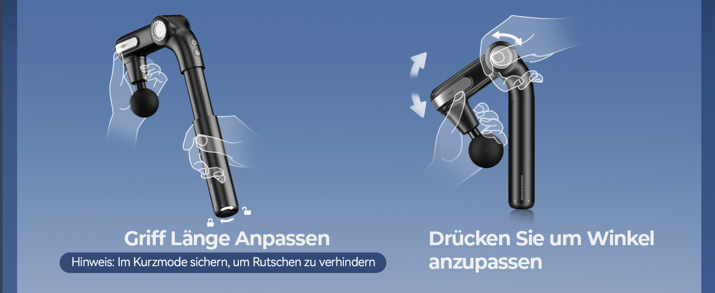 Масажер для тіла KingPavonini з висувним руків'ям та складним голівкою, масажна пістолета для спини з 3 регульованими кутами та 4 насадками, масажер - подарунок для чоловіків та жінок, чорний