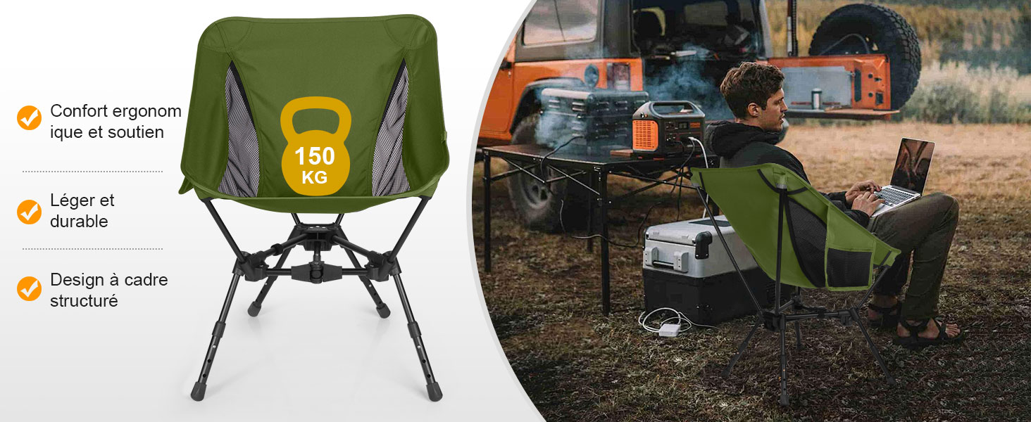 Складний туристичний стілець TOPCHANCES для кемпінгу та відпочинку на природі, чорний. Максимальне навантаження: 150 кг, з бічною кишенею та дихаючою сіткою.