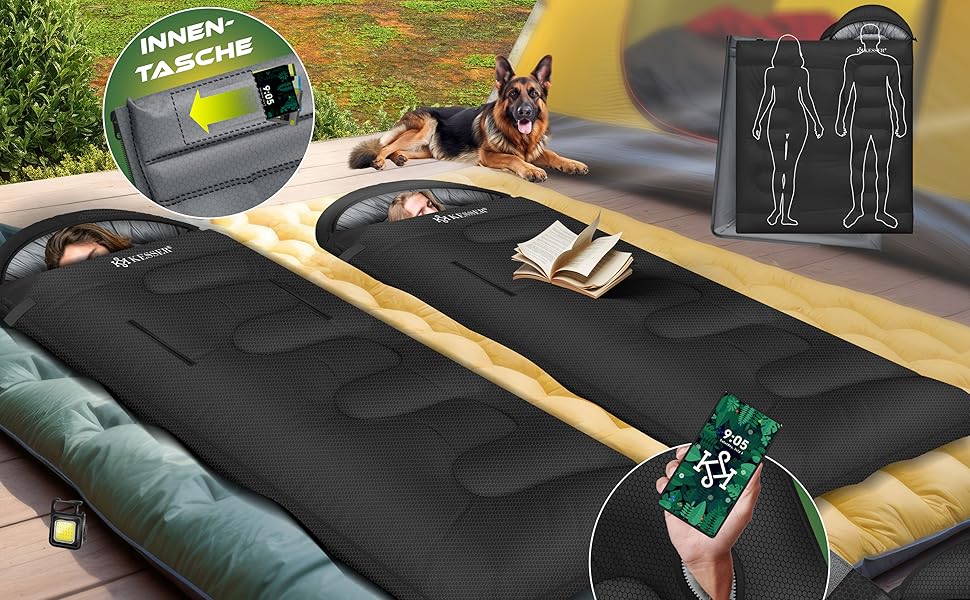 Сплячий мішок KESSER® Outdoor | Дека-сплячий мішок 3-4 сезони | Спальний мішок для дорослих та дітей | Легкий, теплий, водонепроникний | з ліхтариком та кишенькою, чорний, 220 x 83 см