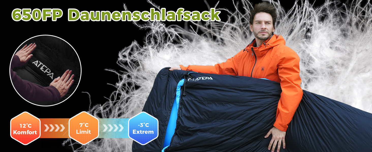 Спальний мішок ATEPA Ultraleicht Daunenschlafsack: Легкий, компактний, 3-сезонний (12°C/6°C/-1°C), водонепроникний, для кемпінгу, походів, трекінгу та рюкзакових подорожей, з компресійним мішком ThermaCore, чорний