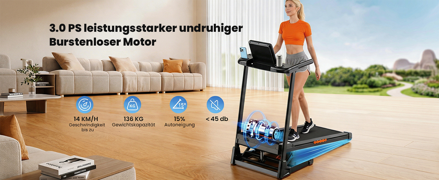 Складана бігова доріжка для дому та офісу з автоматичним нахилом 15%, двигун 3.0 к.с. (до 14 км/год), LED-дисплеєм та 12 програмами, макс. навантаження 136 кг, чорна