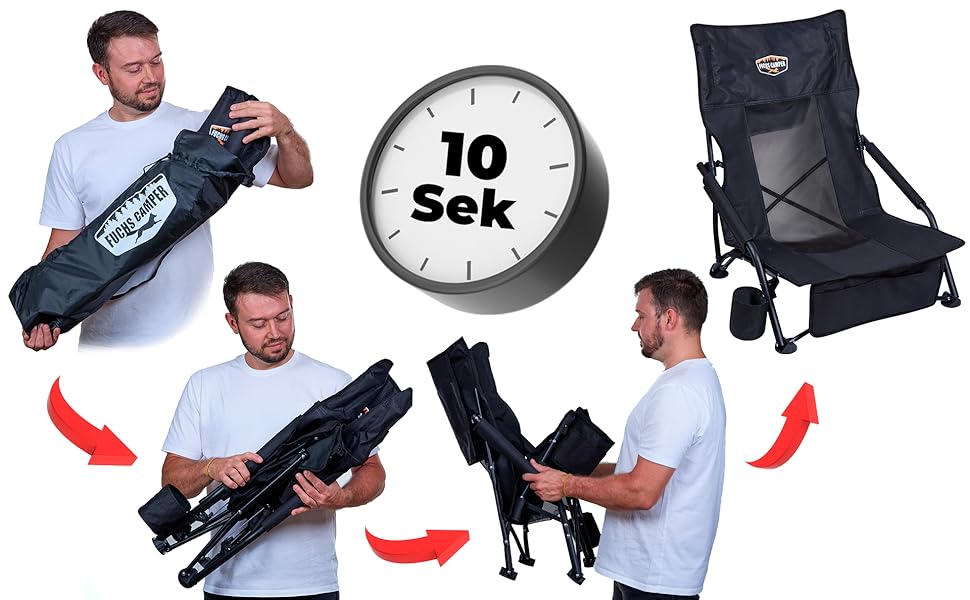 Крісло для кемпінгу Fuchs Camper Strandstuhl – розкладне, з високою спинкою та сіткою, з підстаканником та кишенею, чорне, вантажопідйомність 150 кг